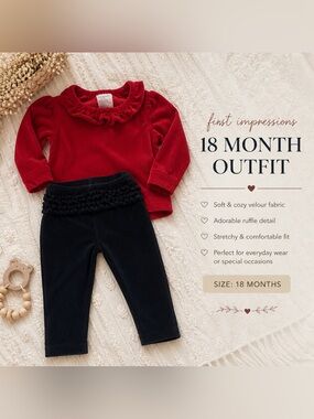 First Impressions 18 Month Velour Outfit Set – Red Ruffle Top & Black Pants